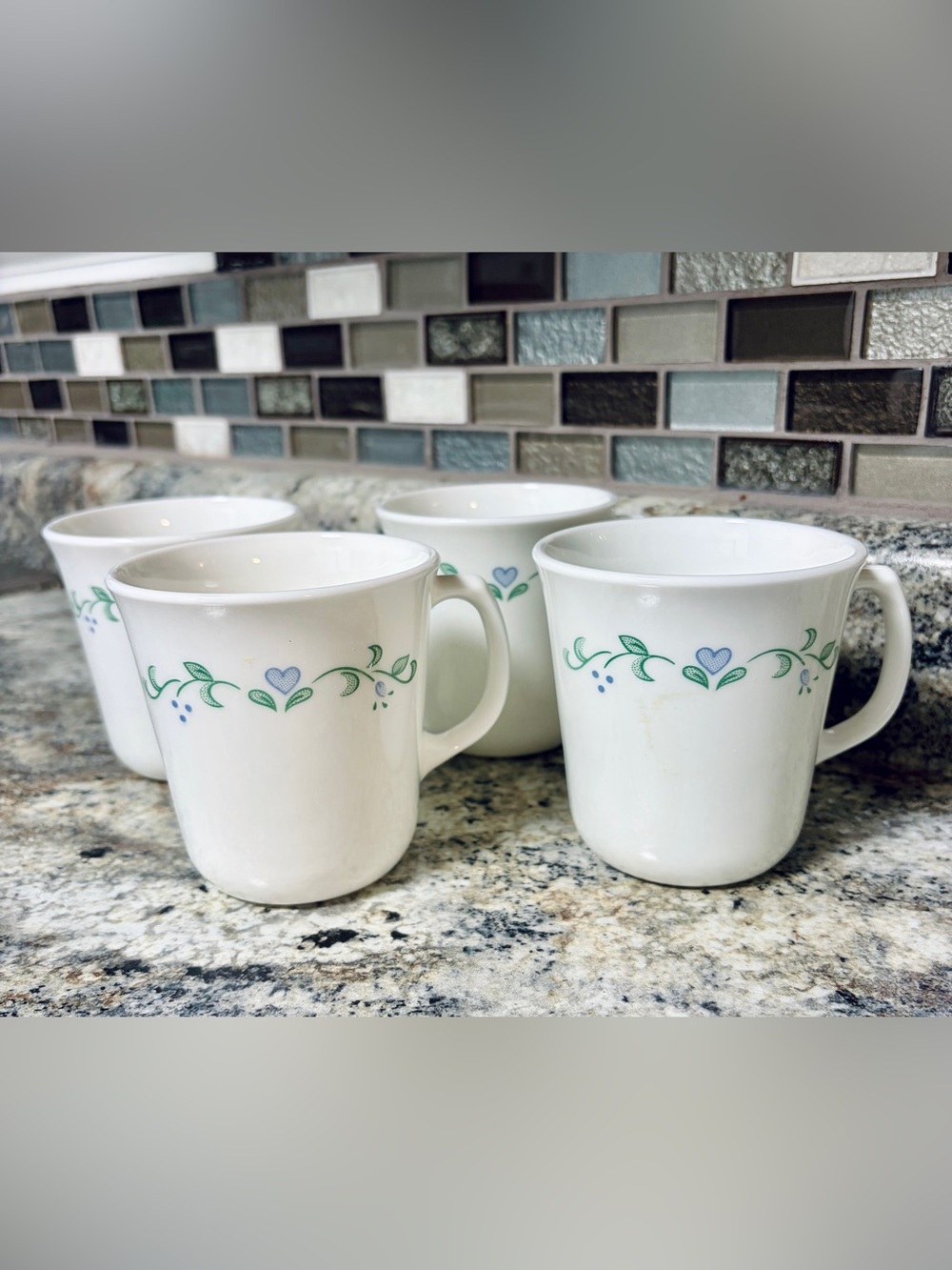 Vtg 1990s Set Of 4 Corelle by Corning coffee cups Country Cottage Blue Heart